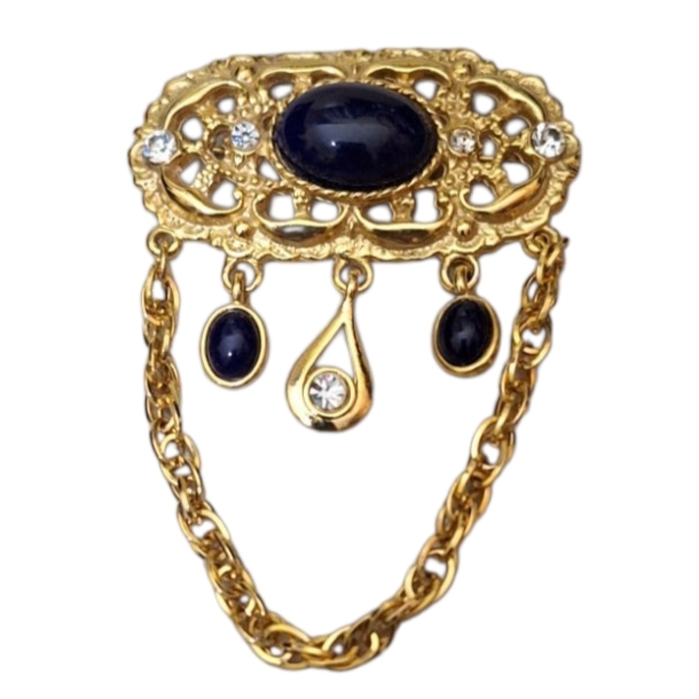 VINTAGE CABOCHON DANGLE GOLDTONE CHAIN BROOCH